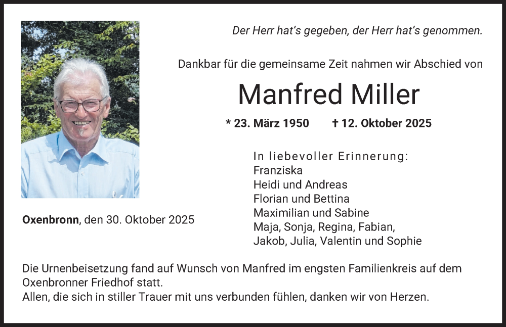 Traueranzeige von Manfred Miller von Günzburger Zeitung