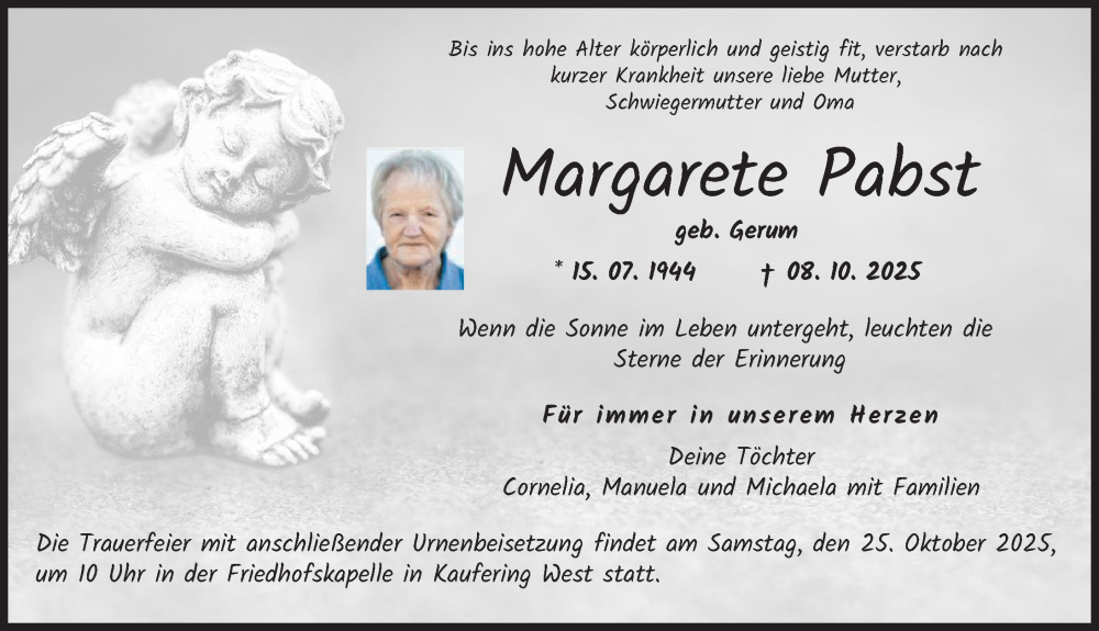 Traueranzeige von Margarete Pabst von Landsberger Tagblatt, Schwabmünchner Allgemeine