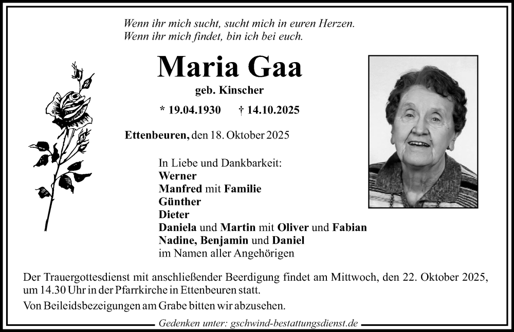 Traueranzeige von Maria Gaa von Günzburger Zeitung