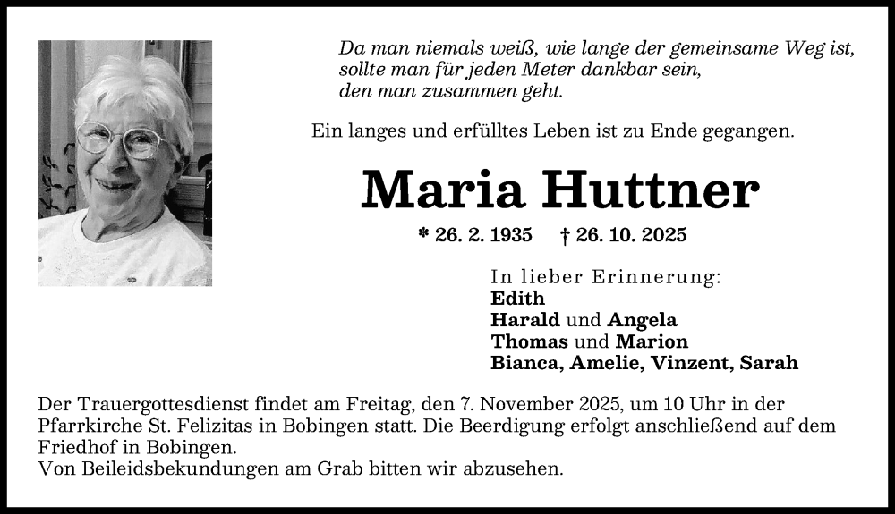 Traueranzeige von Maria Huttner von Schwabmünchner Allgemeine