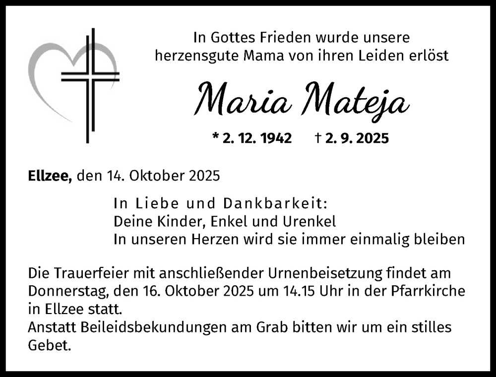 Traueranzeige von Maria Mateja von Günzburger Zeitung