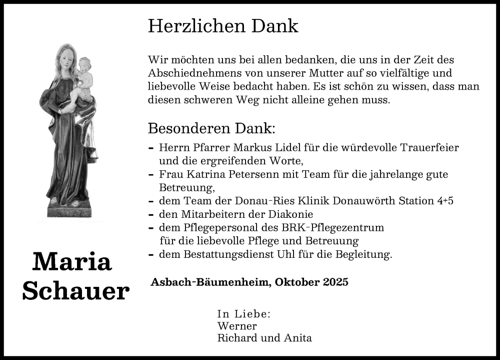 Traueranzeige von Maria Schauer von Donauwörther Zeitung