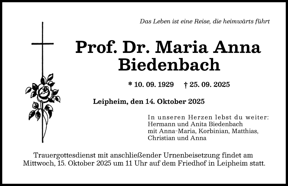 Traueranzeige von Maria Anna Biedenbach von Günzburger Zeitung