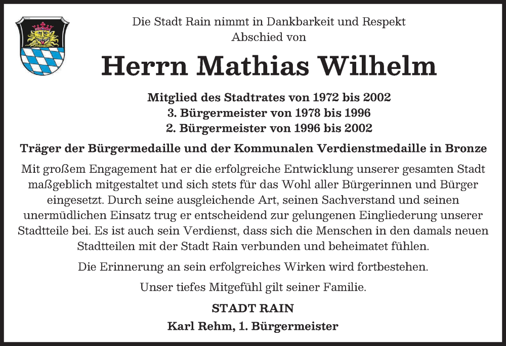 Traueranzeige von Mathias Wilhelm von Donauwörther Zeitung, Neuburger Rundschau