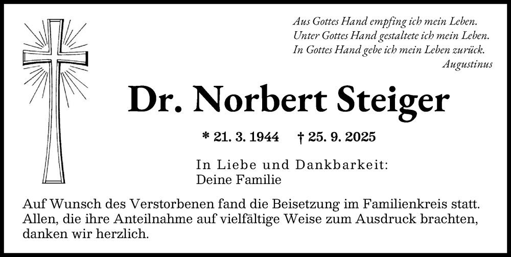 Traueranzeige von Norbert Steiger von Schwabmünchner Allgemeine