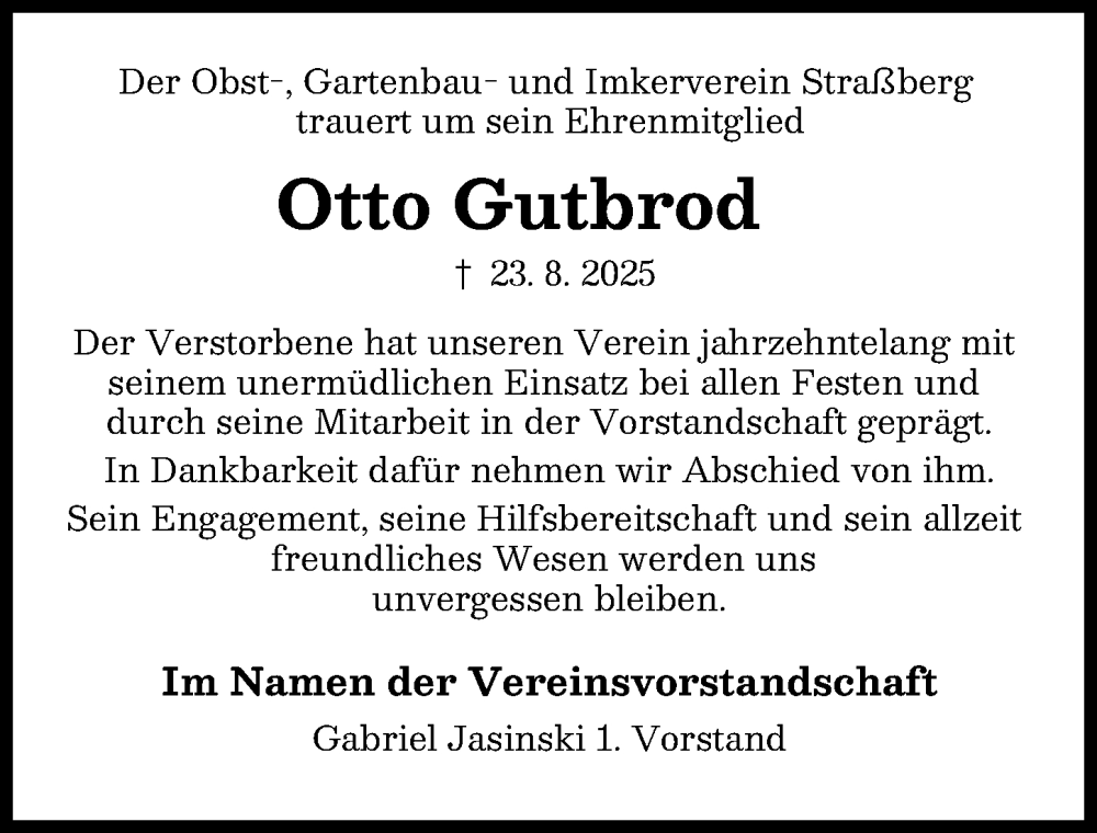 Traueranzeige von Otto Gutbrod von Schwabmünchner Allgemeine
