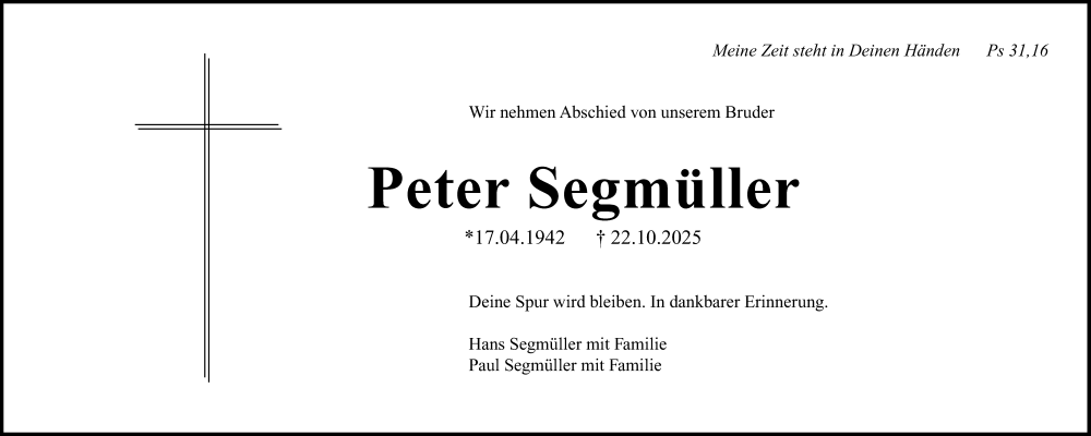 Traueranzeige von Peter Segmüller von Augsburger Allgemeine