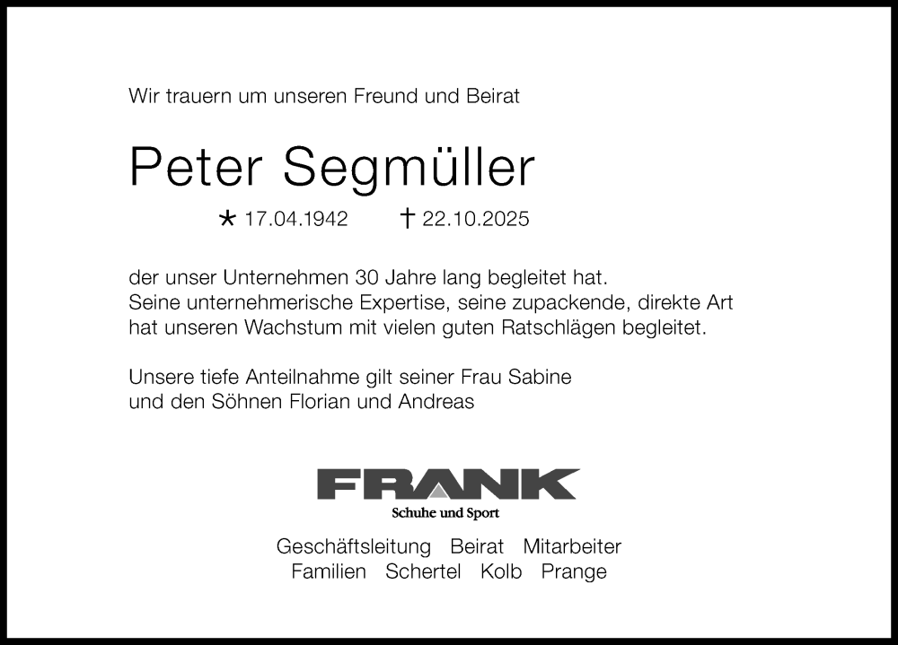 Traueranzeige von Peter Segmüller von Augsburger Allgemeine