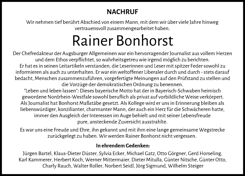 Traueranzeige von Rainer Bonhorst von Augsburger Allgemeine