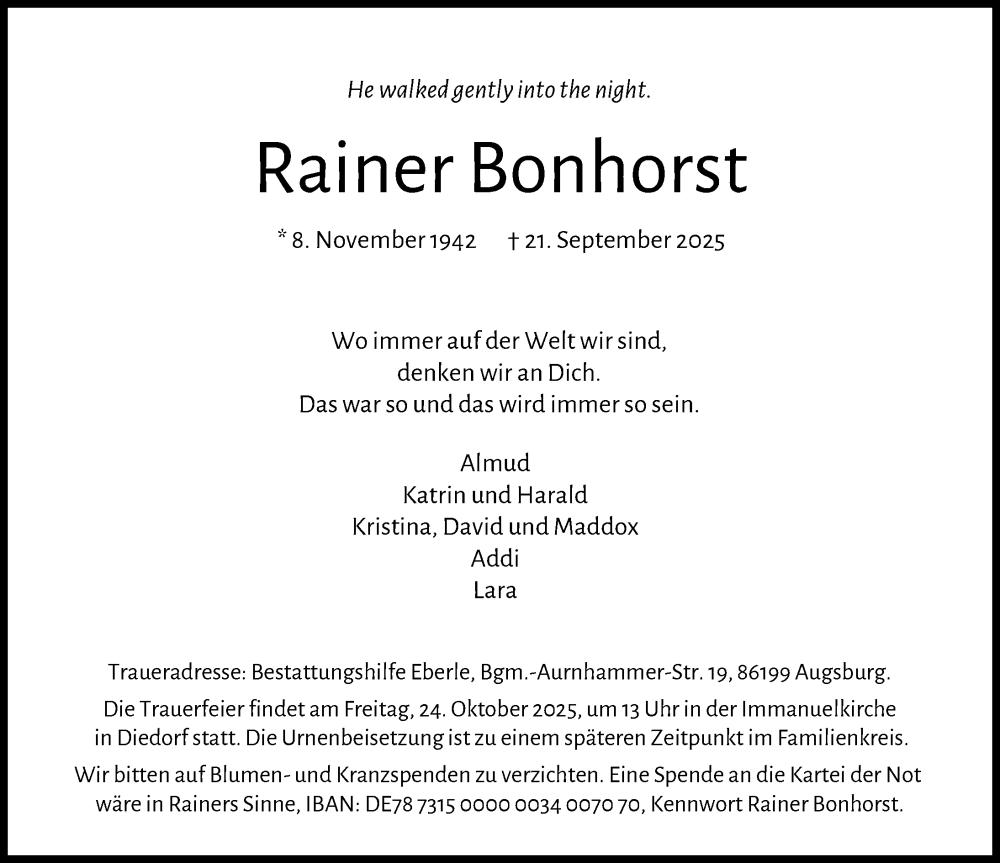 Traueranzeige von Rainer Bonhorst von Augsburger Allgemeine