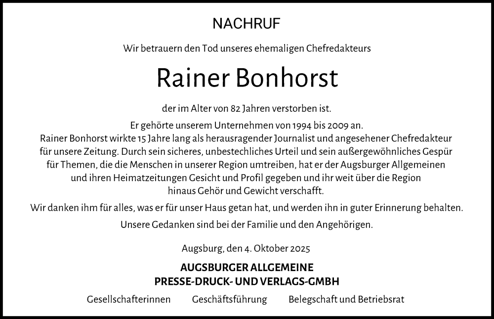 Traueranzeige von Rainer Bonhorst von Augsburger Allgemeine