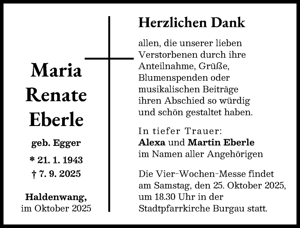 Traueranzeige von Renate Eberle von Günzburger Zeitung
