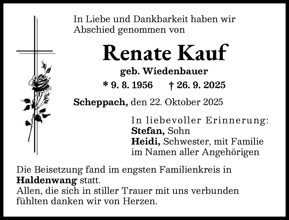 Traueranzeige von Renate Kauf von Günzburger Zeitung