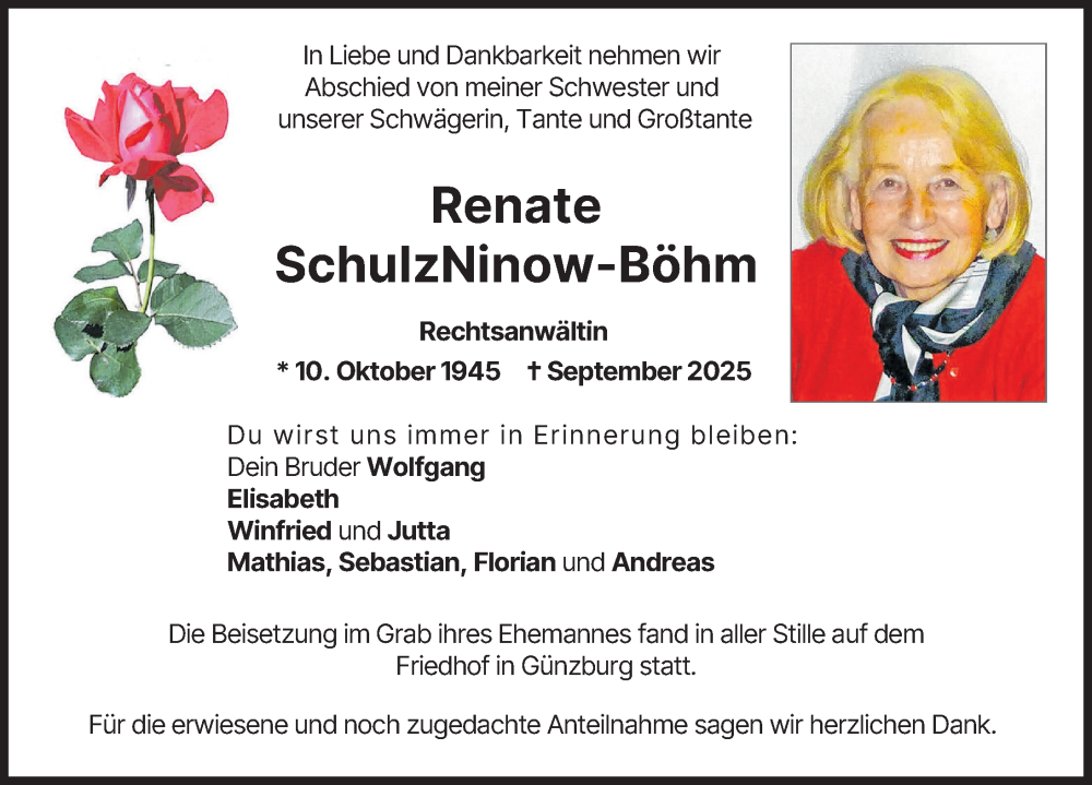 Traueranzeige von Renate SchulzNinow-Böhm von Günzburger Zeitung