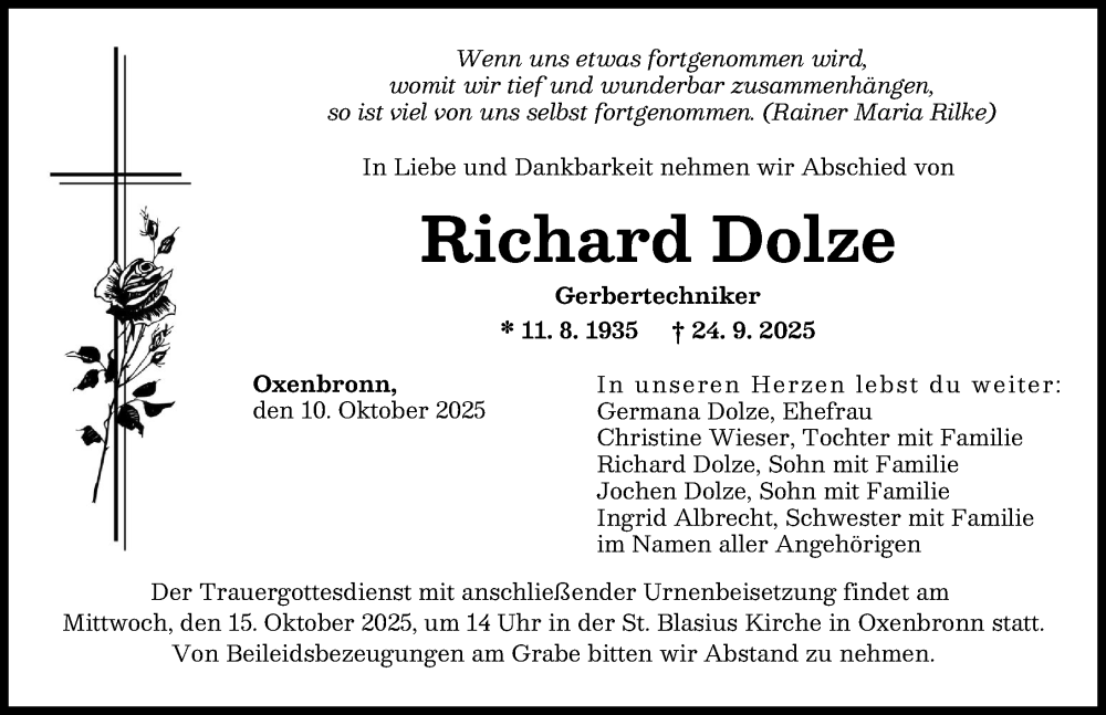 Traueranzeige von Richard Dolze von Günzburger Zeitung