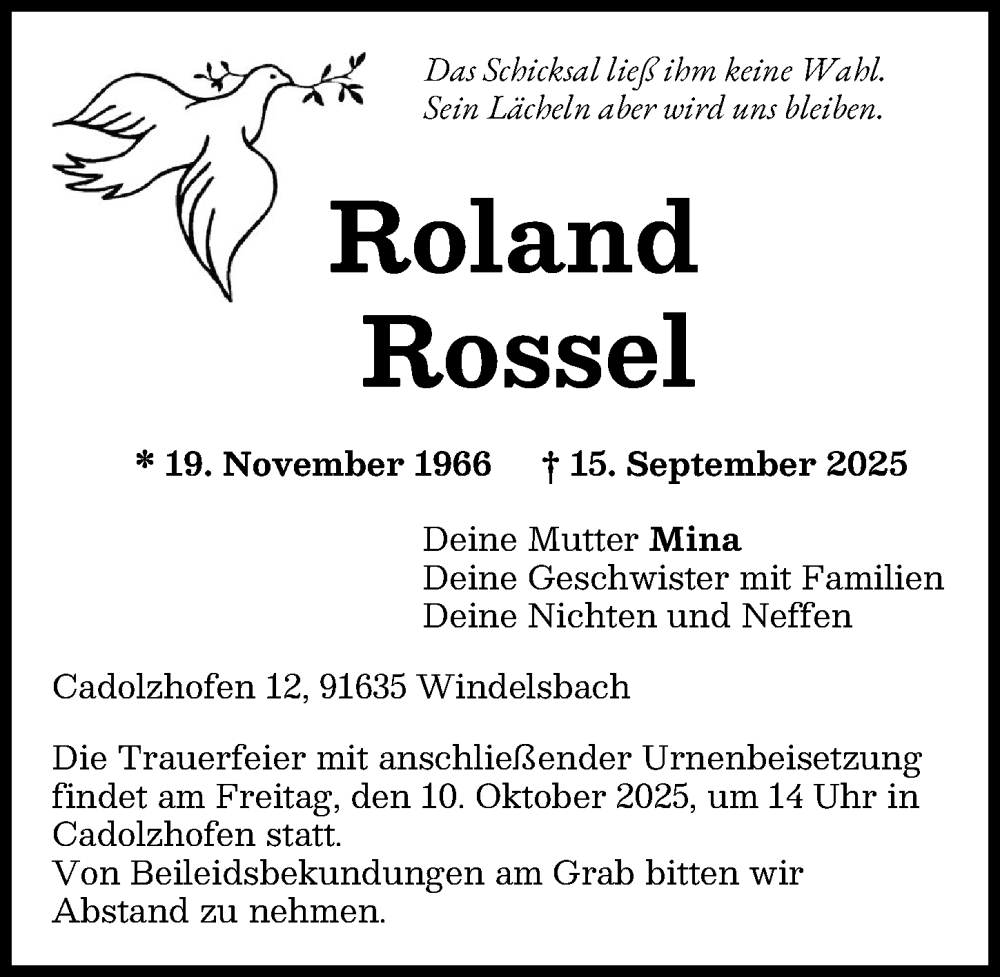 Traueranzeige von Roland Rossel von Günzburger Zeitung