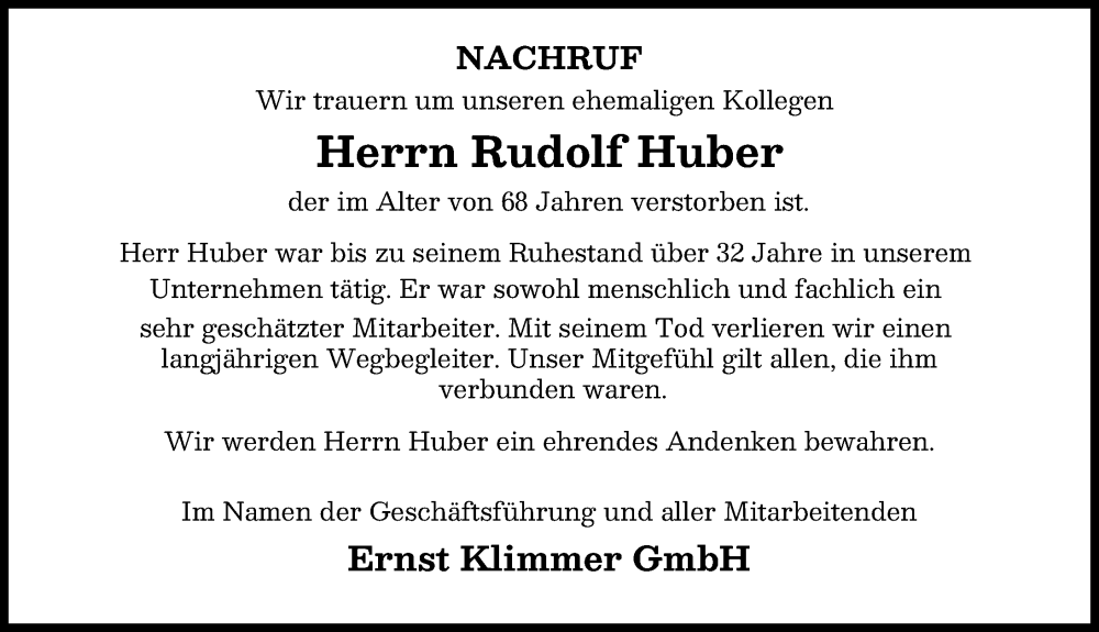 Traueranzeige von Rudolf Huber von Günzburger Zeitung