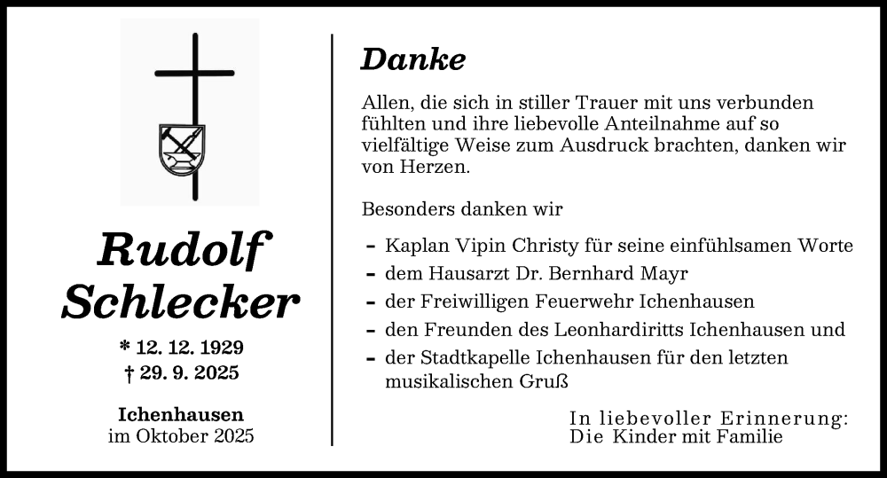 Traueranzeige von Rudolf Schlecker von Günzburger Zeitung