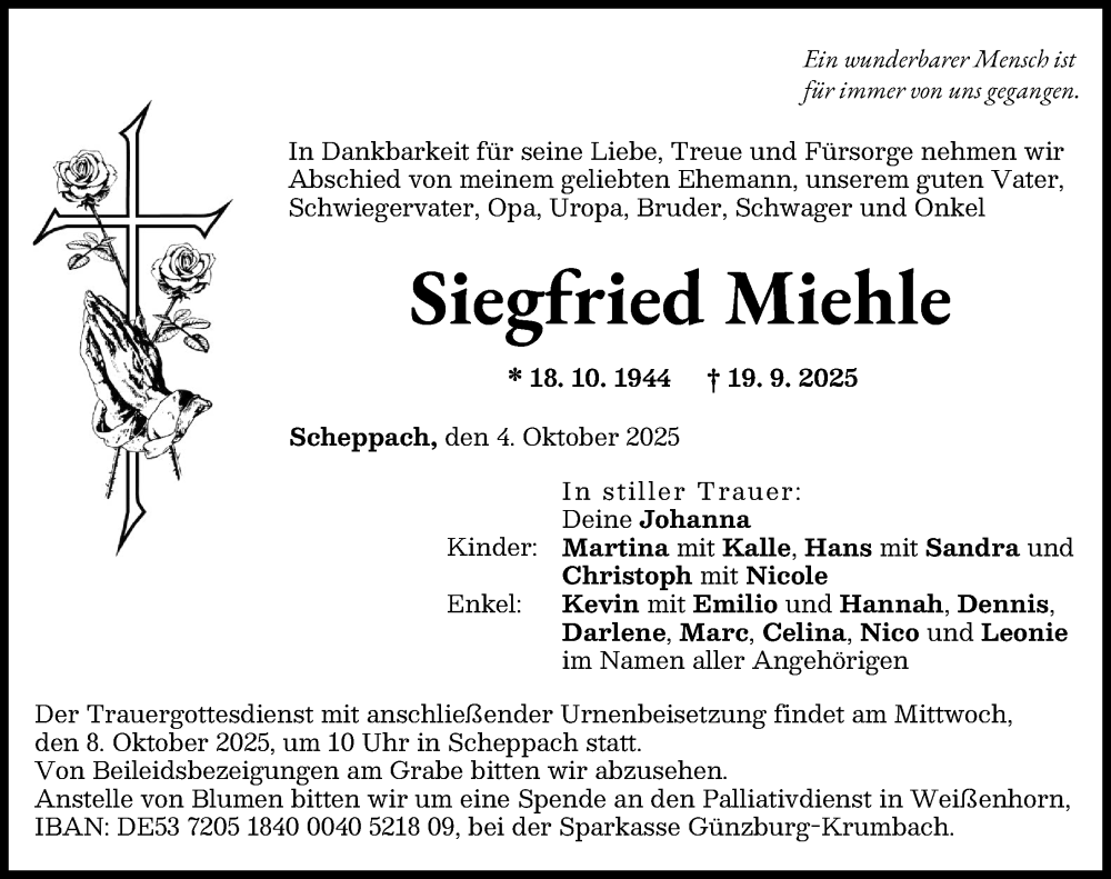 Traueranzeige von Siegfried Miehle von Günzburger Zeitung