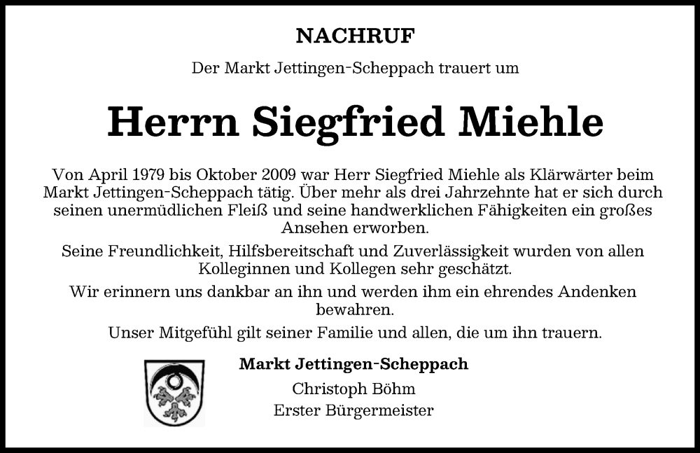 Traueranzeige von Siegfried Miehle von Günzburger Zeitung