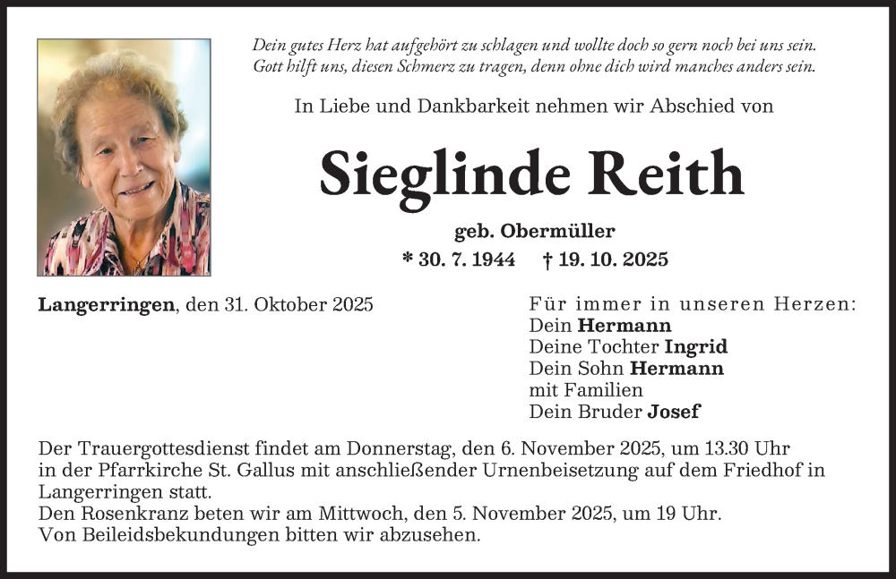 Traueranzeige von Sieglinde Reith von Schwabmünchner Allgemeine