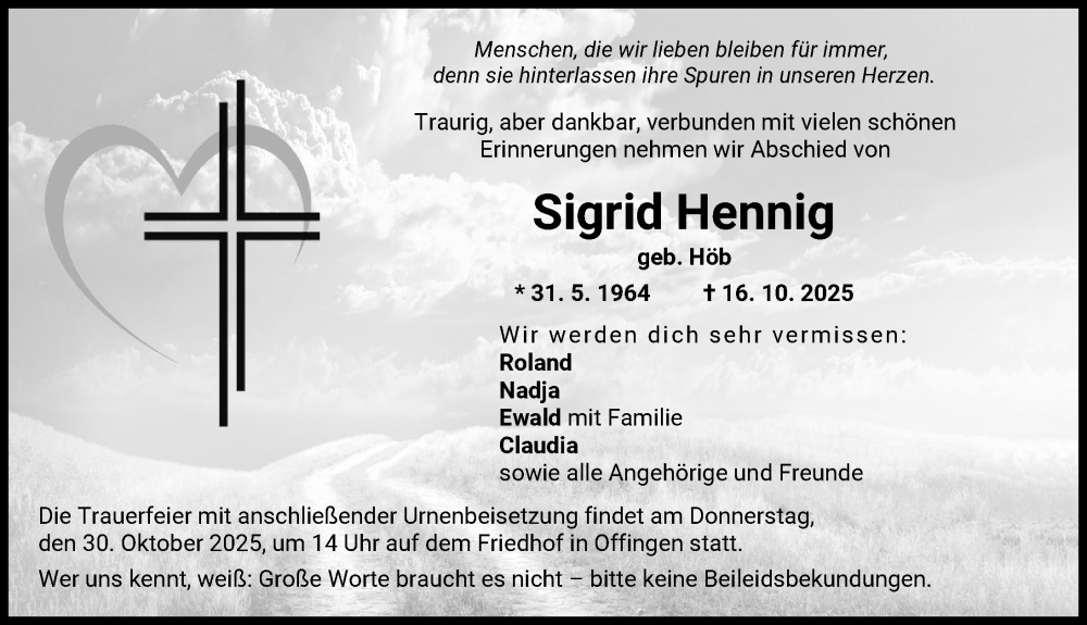Traueranzeige von Sigrid Hennig von Günzburger Zeitung