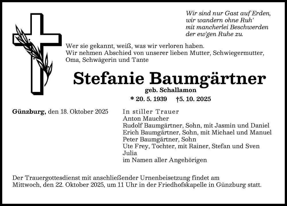 Traueranzeige von Stefanie Baumgärtner von Günzburger Zeitung