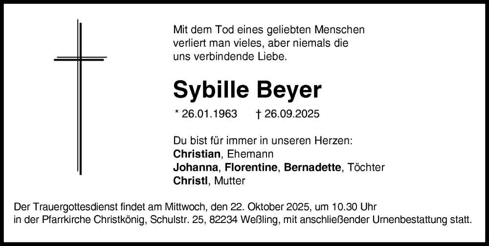  Traueranzeige für Sybille Beyer vom 11.10.2025 aus Augsburger Allgemeine