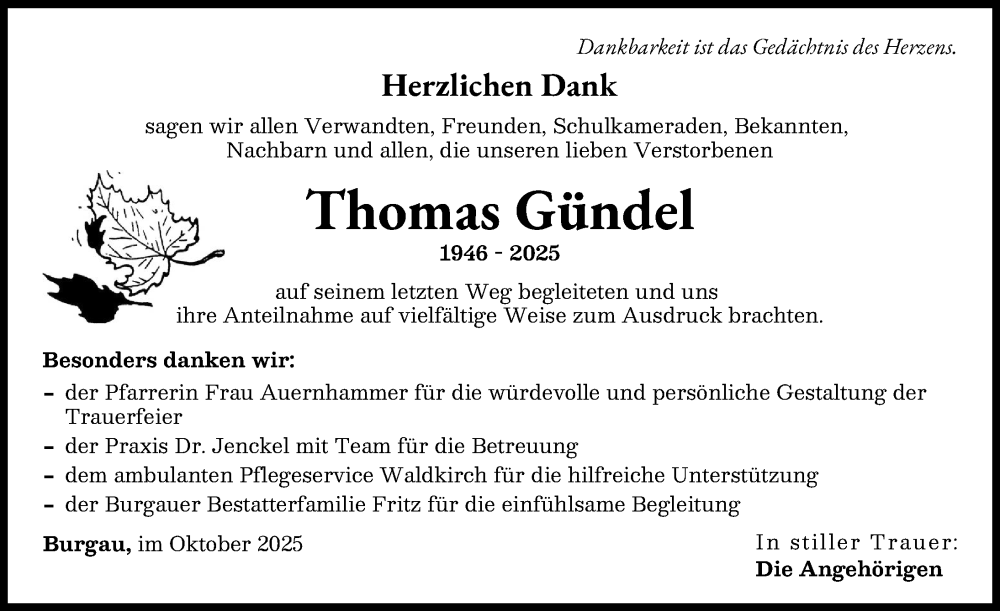Traueranzeige von Thomas Gündel von Günzburger Zeitung
