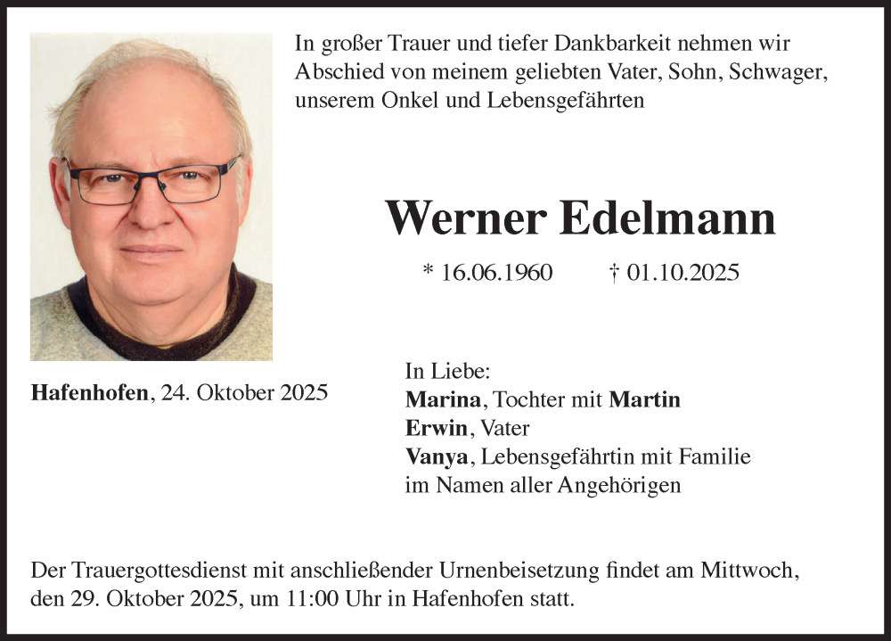 Traueranzeige von Werner Edelmann von Günzburger Zeitung