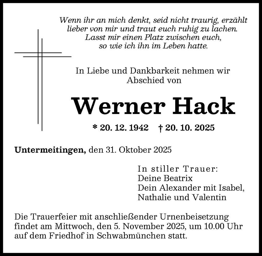 Traueranzeige von Werner Hack von Schwabmünchner Allgemeine