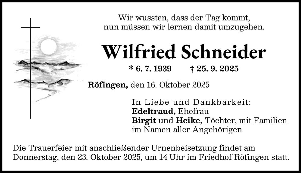 Traueranzeige von Wilfried Schneider von Günzburger Zeitung