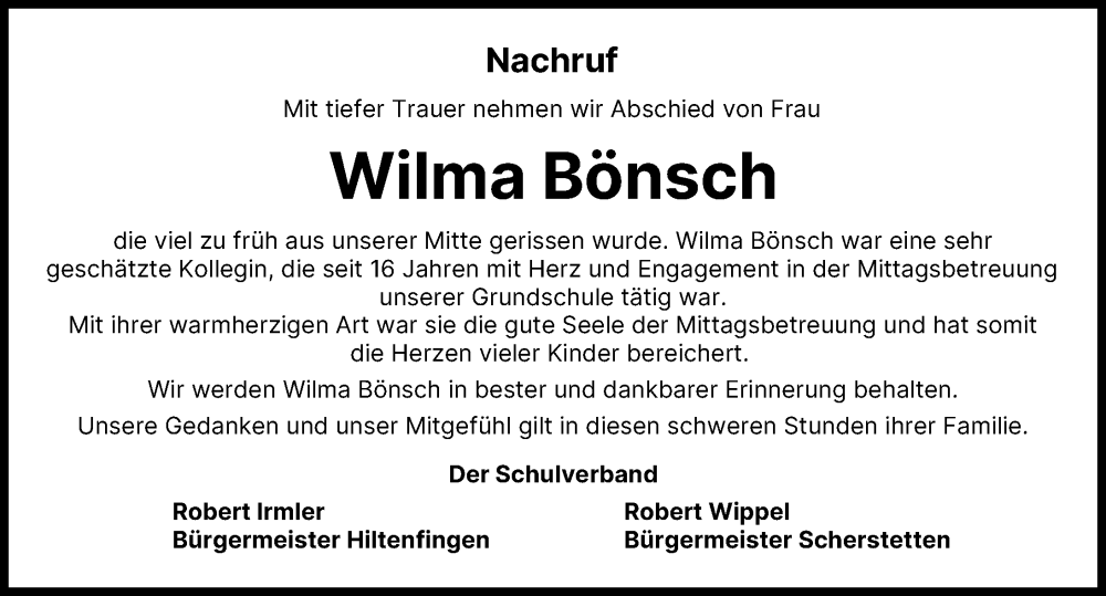 Traueranzeige von Wilma Bönsch von Schwabmünchner Allgemeine