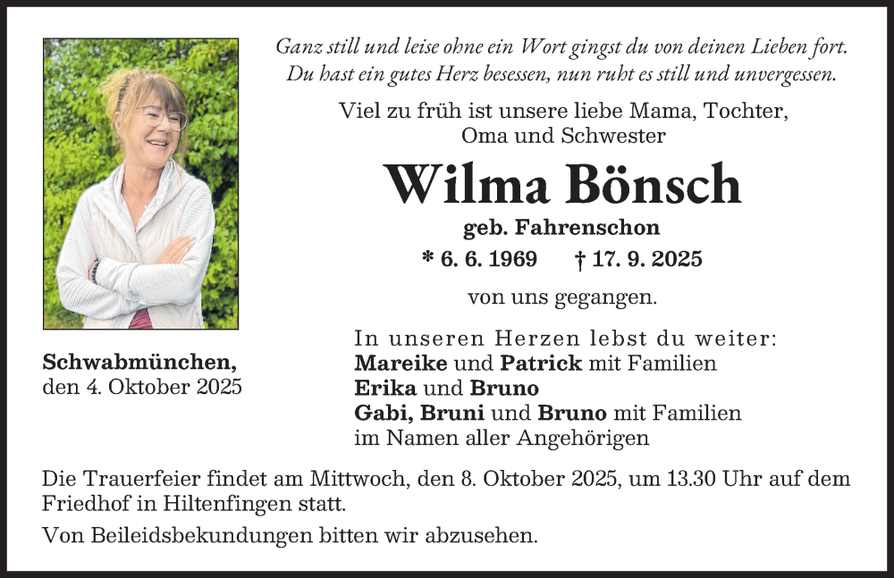 Traueranzeige von Wilma Bönsch von Schwabmünchner Allgemeine