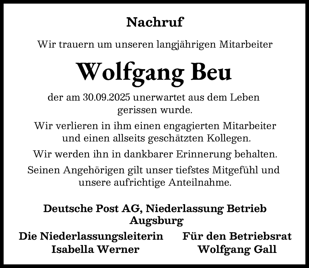  Traueranzeige für Wolfgang Beu vom 11.10.2025 aus Augsburger Allgemeine
