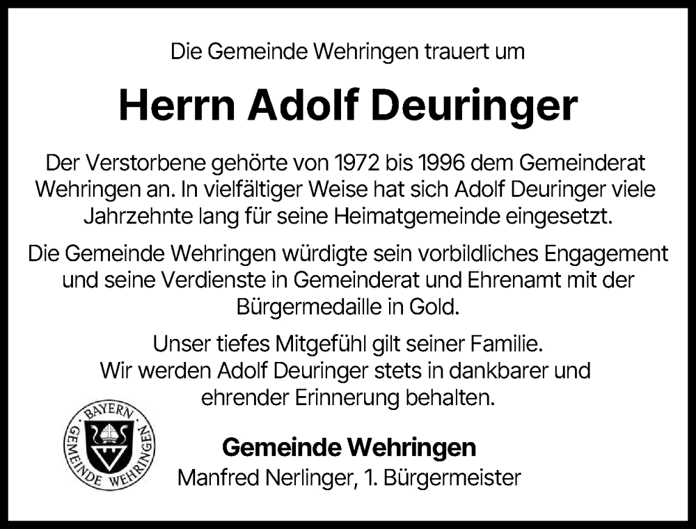 Traueranzeige von Adolf Deuringer von Schwabmünchner Allgemeine
