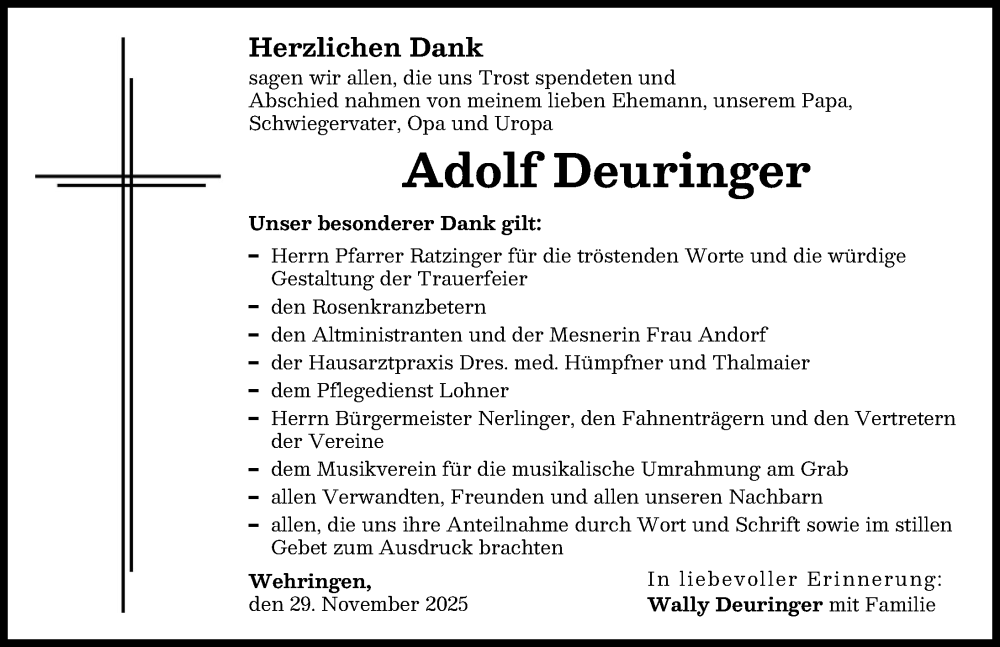 Traueranzeige von Adolf Deuringer von Schwabmünchner Allgemeine