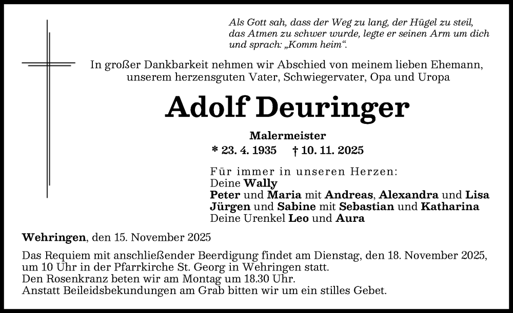 Traueranzeige von Adolf Deuringer von Schwabmünchner Allgemeine