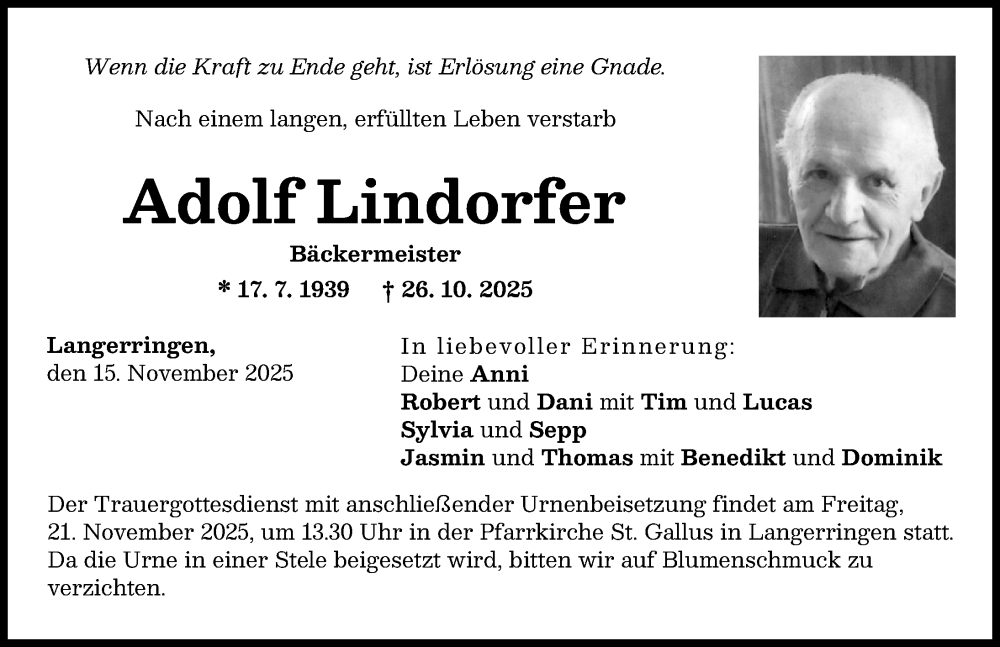 Traueranzeige von Adolf Lindorfer von Schwabmünchner Allgemeine