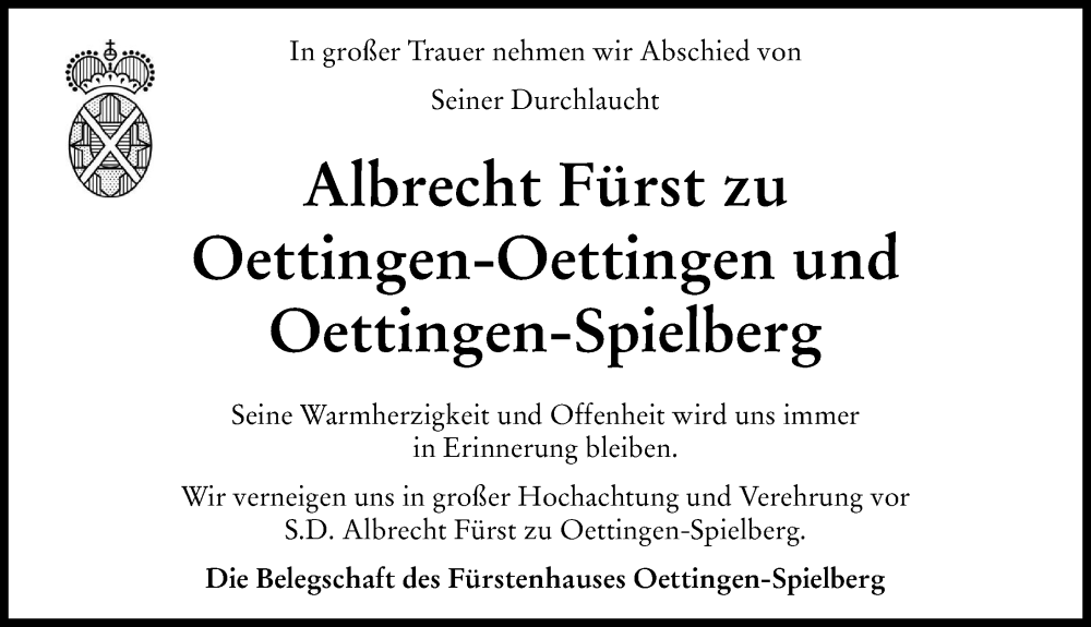 Traueranzeige von Albrecht Fürst zu Oettingen-Oettingen und Oettingen-Spielberg von Rieser Nachrichten, Donauwörther Zeitung