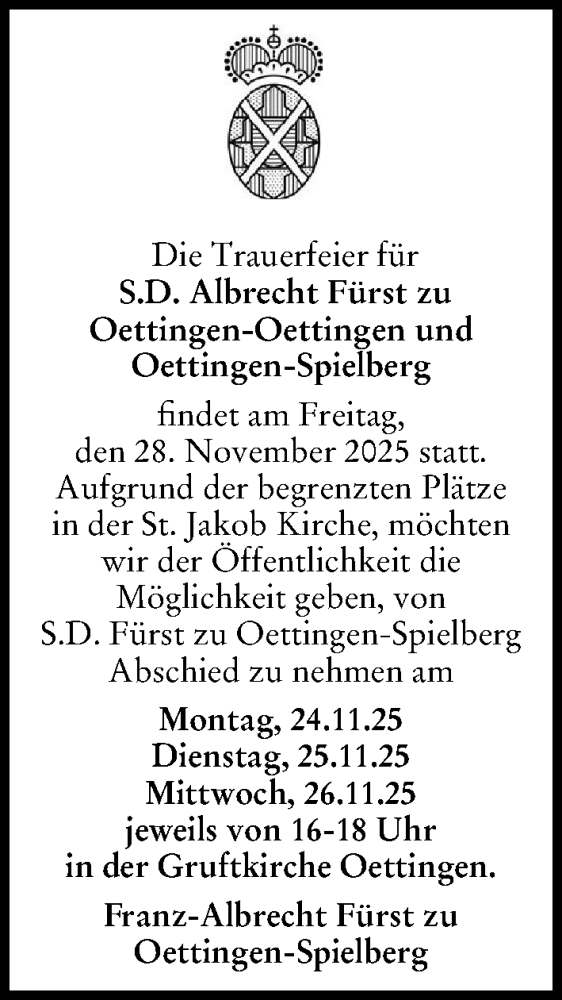Traueranzeige von Albrecht Fürst zu Oettingen-Oettingen und Oettingen-Spielberg von Rieser Nachrichten, Donauwörther Zeitung