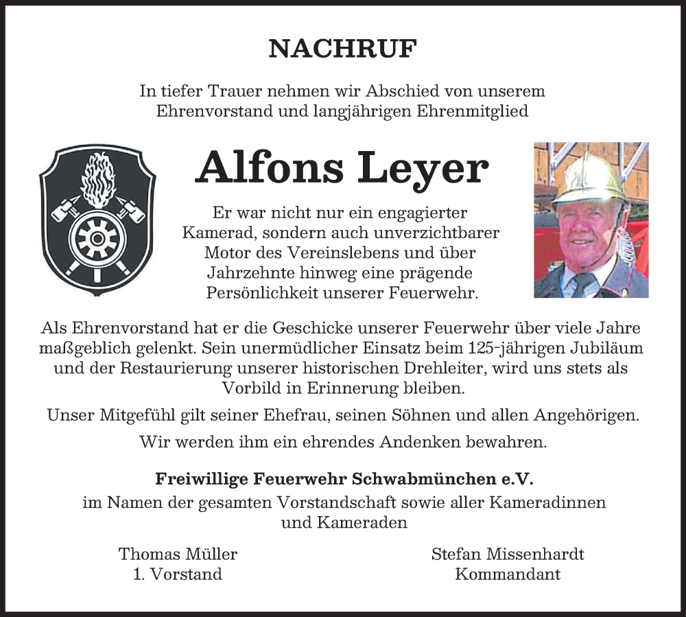 Traueranzeige von Alfons Leyer von Schwabmünchner Allgemeine
