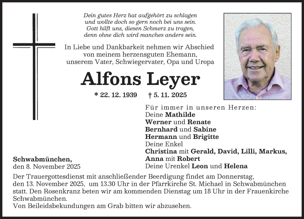 Traueranzeige von Alfons Leyer von Schwabmünchner Allgemeine