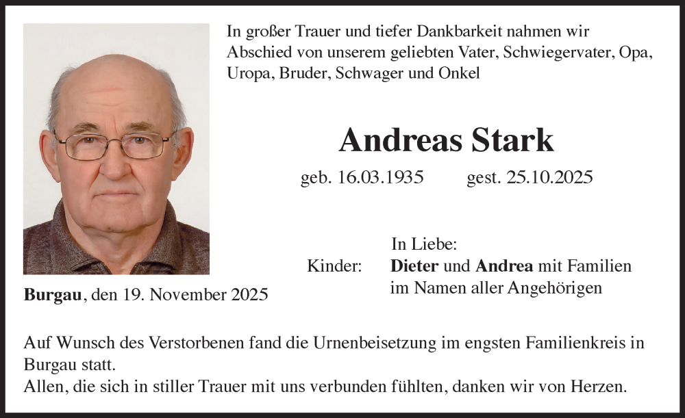 Traueranzeige von Andreas Stark von Günzburger Zeitung