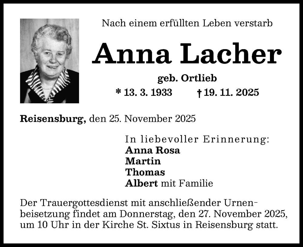 Traueranzeige von Anna Lacher von Günzburger Zeitung