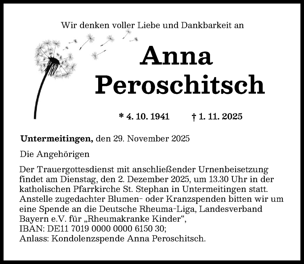 Traueranzeige von Anna Peroschitsch von Schwabmünchner Allgemeine