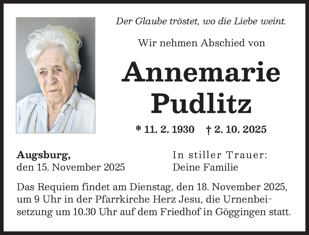  Traueranzeige für Annemarie Pudlitz vom 15.11.2025 aus Augsburger Allgemeine