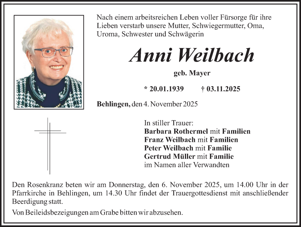 Traueranzeige von Anni Weilbach von Günzburger Zeitung, Mittelschwäbische Nachrichten