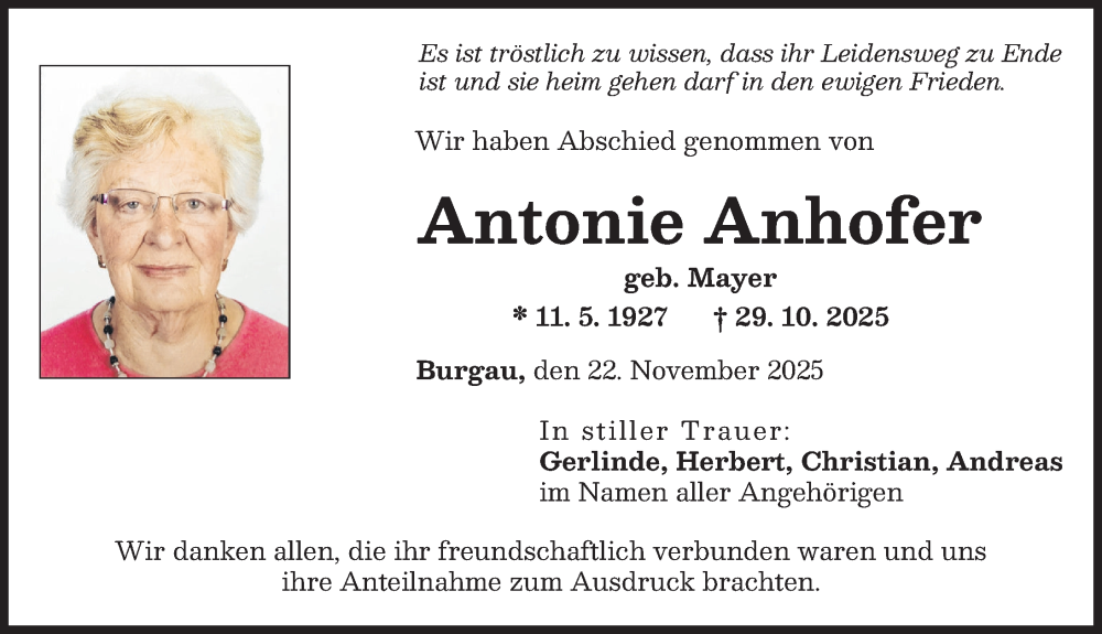 Traueranzeige von Antonie Anhofer von Günzburger Zeitung, Mittelschwäbische Nachrichten