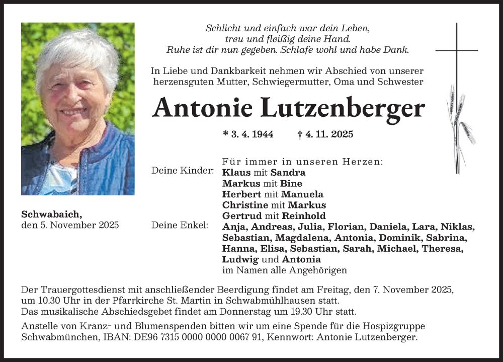  Traueranzeige für Antonie Lutzenberger vom 05.11.2025 aus Schwabmünchner Allgemeine, Augsburger Allgemeine